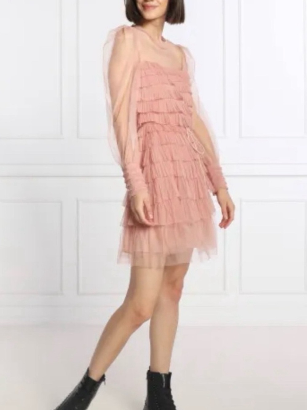 Whimsical Tiered Mesh Mini Dress in Dusty Pink